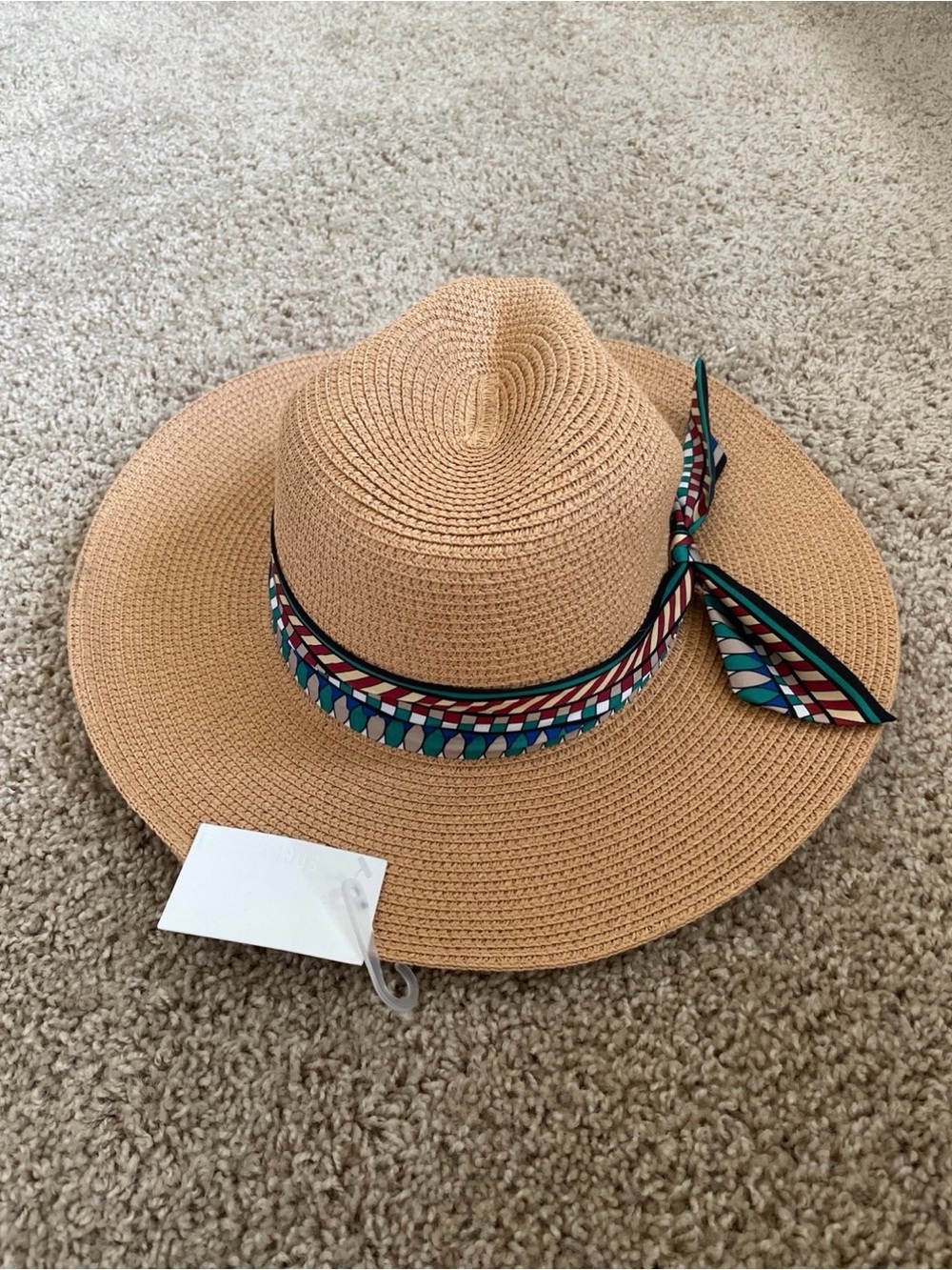New Forever 21 Tan Straw Wide Brim Hat with Multicolor Scarf Band